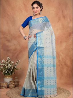 DipDiya - Off-White Pure Cotton Traditional Bengali Churi Par Tant Saree