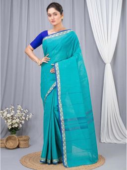 DipDiya - See Blue Pure Cotton Traditional Bengali Gaela Tant Saree