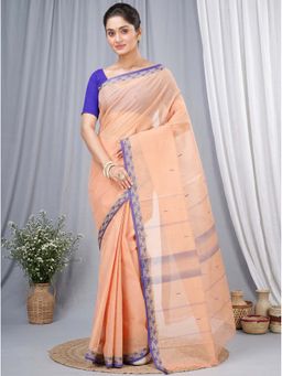 DipDiya - Light Orange Pure Cotton Traditional Bengali Gaela Tant Saree