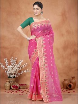 DipDiya - Pink Pure Cotton Traditional Bengali Gunjan Tant Saree Without Blouse