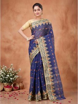 DipDiya - Naby Blue Pure Cotton Traditional Bengali Gunjan Tant Saree Without Blouse