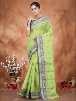 DipDiya - Olive Green Pure Cotton Traditional Bengali Govindi Tant Saree Without Blouse