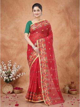 DipDiya - Red Pure Cotton Traditional Bengali Govindi Tant Saree Without Blouse