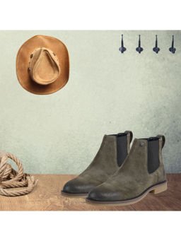 EZOK - Men Casual Leather Chelsea Boots Olive Green