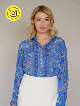 HOUSE OF SAL - Printed Satin Shirt- Blue