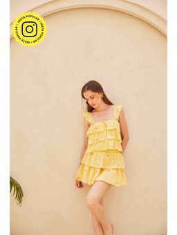 HOUSE OF SAL - Yellow Cotton Schiffli Embroidered Co-Ord Set Top and Skirt (Set of 2)