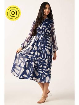 HOUSE OF SAL - Blue Printed Midi Dress with Belt
