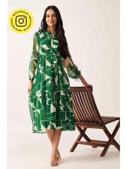 HOUSE OF SAL - Green Printed Midi Dress with Belt