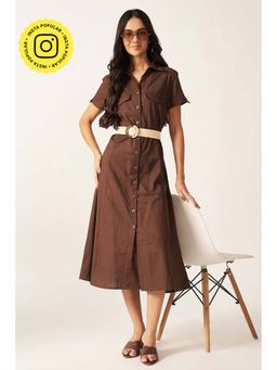 HOUSE OF SAL - Women Brown Cotton Solid Dress with Belt