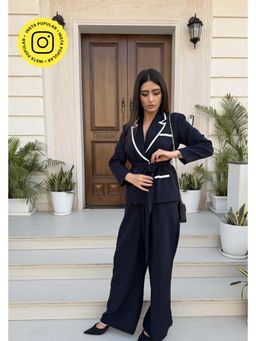 HOUSE OF SAL - Elina Women Navy Blue Notched Lapel Blazer with Pant and Belt