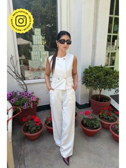 HOUSE OF SAL - White Polyester Solid Top with Pant