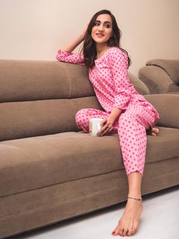 POMCHA - Zinnia Pink Hand Block Print Cotton Night (Set of 2)