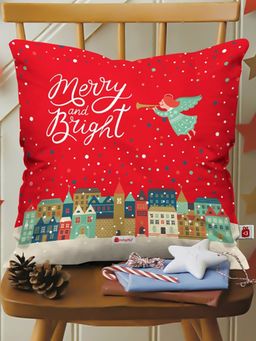 Indigifts - Merry and Bright Micro Satin, Fibre Printed Red Cushion Cover with Filler (12x12 inches)