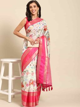 Silk Land - Womens Kalamkari Print White Regal Weave Silk Saree with Unstitched Blouse