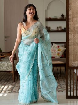 Suta - Blue Floral Printed Pure Organza Saree Without Blouse