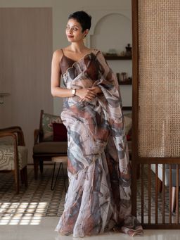 Suta - Beige & Black Dragonfly Printed Pure Organza Saree Without Blouse