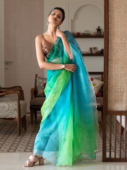 Suta - Mint-Green Organza Handcrafted Metal Sequine Ombre Saree without Blouse