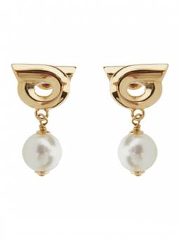 Ferragamo - Gold Gancini Gold Colored Pendant Earrings With Synthetic Pearls In Brass