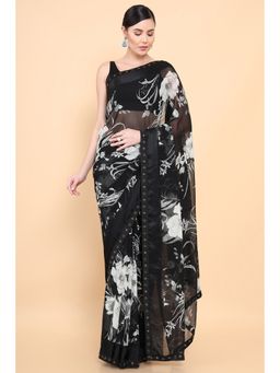 Soch - Women Black Georgette Printed Saree with Unstitched Blouse