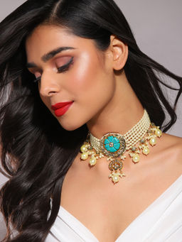 Ruby Raang Studio - Turquoise Choker Wiith Pearls Neckpiece