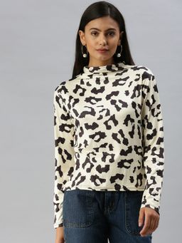 SHOWOFFFF - Women High Neck Animal Champagne Regular Top