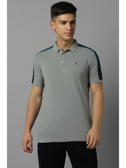 Louis Philippe - Men's Grey Slim Fit Polo T-Shirt with Contrast Blue Shoulder and Sleeve Detailing