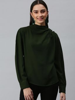 SHOWOFFFF - Women High Neck Full Sleeves Solid Olive Top