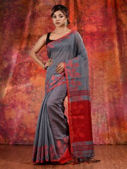 CHARUKRITI - Grey Blended Cotton Handwoven Saree with Texture Design and Unstitched Blouse