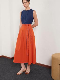FABLE STREET - Cotton Midi Flared Contrast Piping Belted Skirt