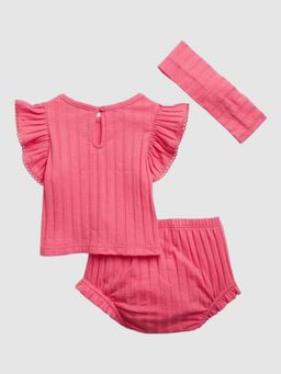 GAP - Girls Pink Textured Round Neck Top with Bloomer and Bow