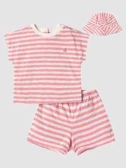 GAP - Boys Pink Striped Round Neck T-shirt with Shorts & Hat