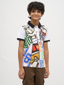Jack & Jones Junior - Boys White Printed Cotton Polo T-shirt