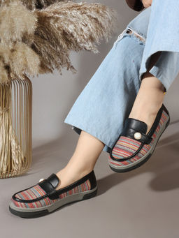 Carlton London - Textured Stripe Pearl Detail Loafers Multi-Color