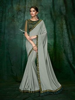 Odette - Pastel Green Satin Silk Designer Saree with Unstitched Blouse