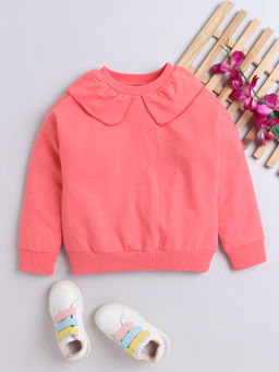 AWW HUNNIE - Peach Cotton Terry Full Sleeves Solid Sweatshirt