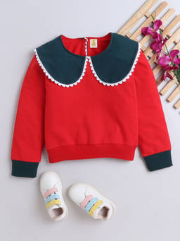 AWW HUNNIE - Red Cotton Terry Full Sleeves Colorblock Lace Sweatshirt