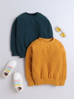 AWW HUNNIE - Mustard & Green Cotton Terry Full Sleeves Solid Sweatshirts (Pack of 2)