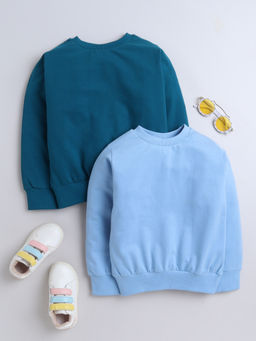 AWW HUNNIE - Blue & Green Cotton Terry Full Sleeves Solid Sweatshirts (Pack of 2)