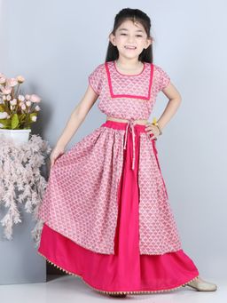 Kinder Kids - Pink Printed Layered Lehenga & Top (Set of 2)