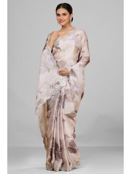 Aparnaa - Off White Pastel Satin Georgette Printed Saree with Unstitched Blouse