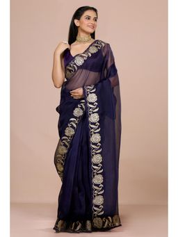 Aparnaa - Navy Blue Paper Tissue Saree with Unstitched Blouse