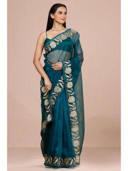 Aparnaa - Teal Blue Paper Tissue Saree with Unstitched Blouse