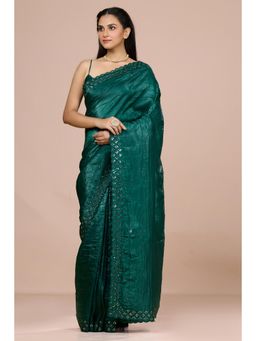 Aparnaa - Onyx Green Fancy Crush Saree with Unstitched Blouse