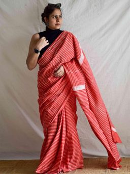Sundarii - Red Rager Mul Cotton Saree with Unstitched Blouse