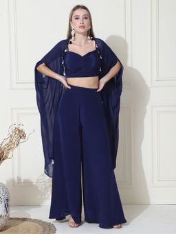 KELIN - Navy Blue Swara Georgette Indo Western Crop Top with Palazzo and Cape (Set of 3)