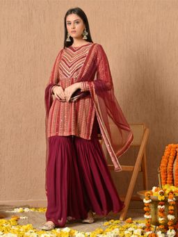 KELIN - Wine Alina Straight Fit Sharara with Kurti and Dupatta (Set of 3)