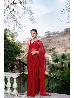 Geroo Jaipur - Cherry Red Hand Embroidered Mukaish Chiffon Saree with Unstitched Blouse
