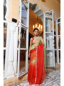 Geroo Jaipur - Red Pure Kota Silk Hand Dyed Saree with Unstitched Blouse