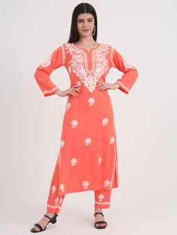 The Chikan Label - Orange Hand-Embroidered Chikankari Co-Ord (Set of 2)