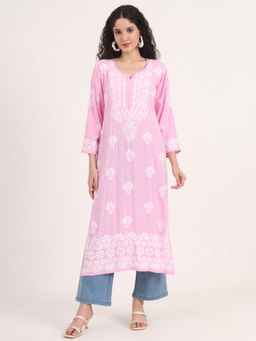 The Chikan Label - Pink Authentic Hand-Embroidered Chikankari Straight Kurta for Women